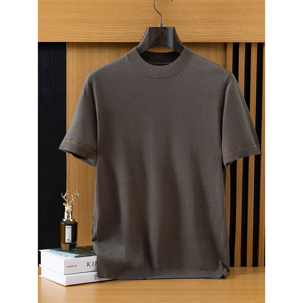 Men's Wool Short-sleeved Loose Round Neck Large Size Contrast Color T-shirt